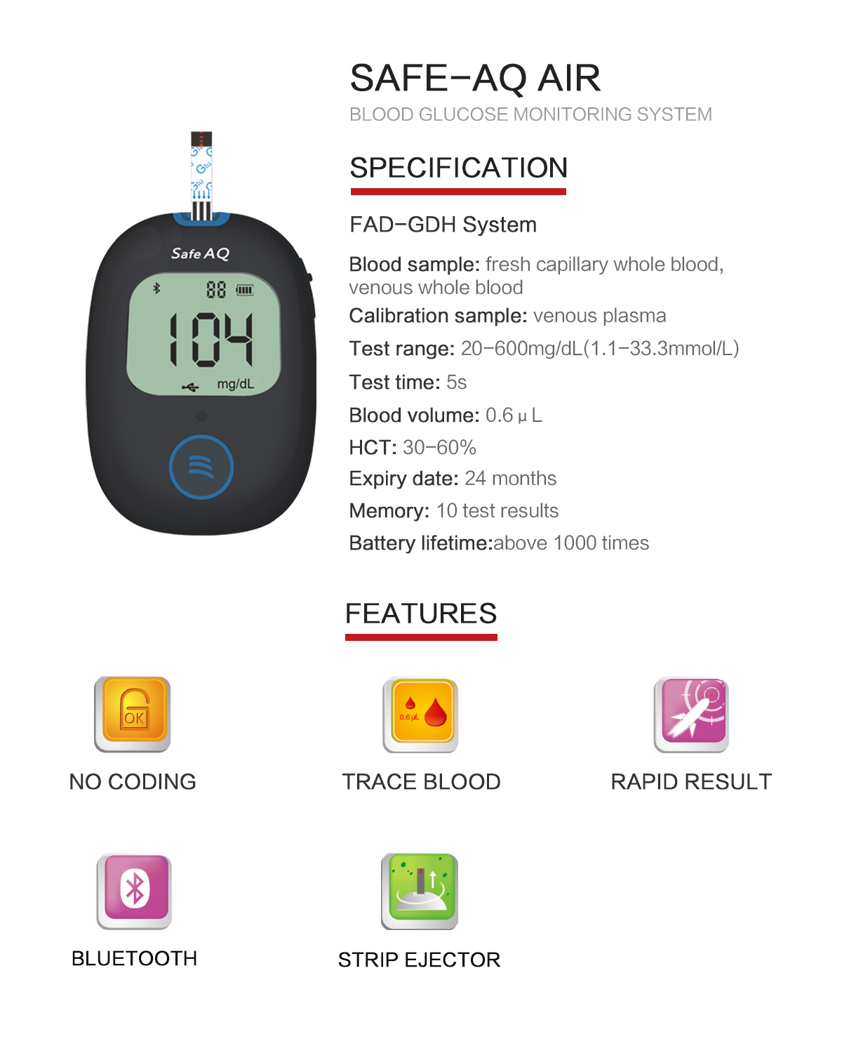 Sinocare Safe AQ Air Glucose meter specification